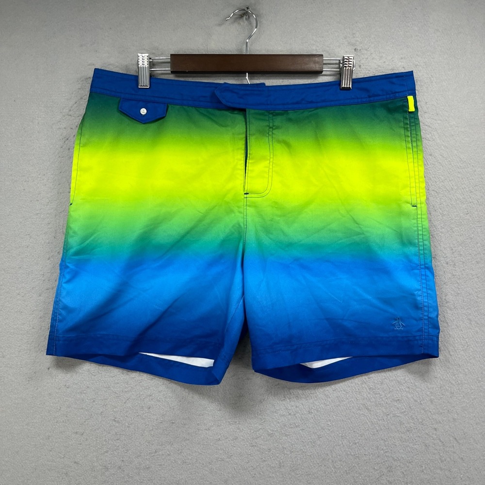 Original Penguin Swim Trunks Men 36 Blue Green Ombre Gradient Board Shorts Beach